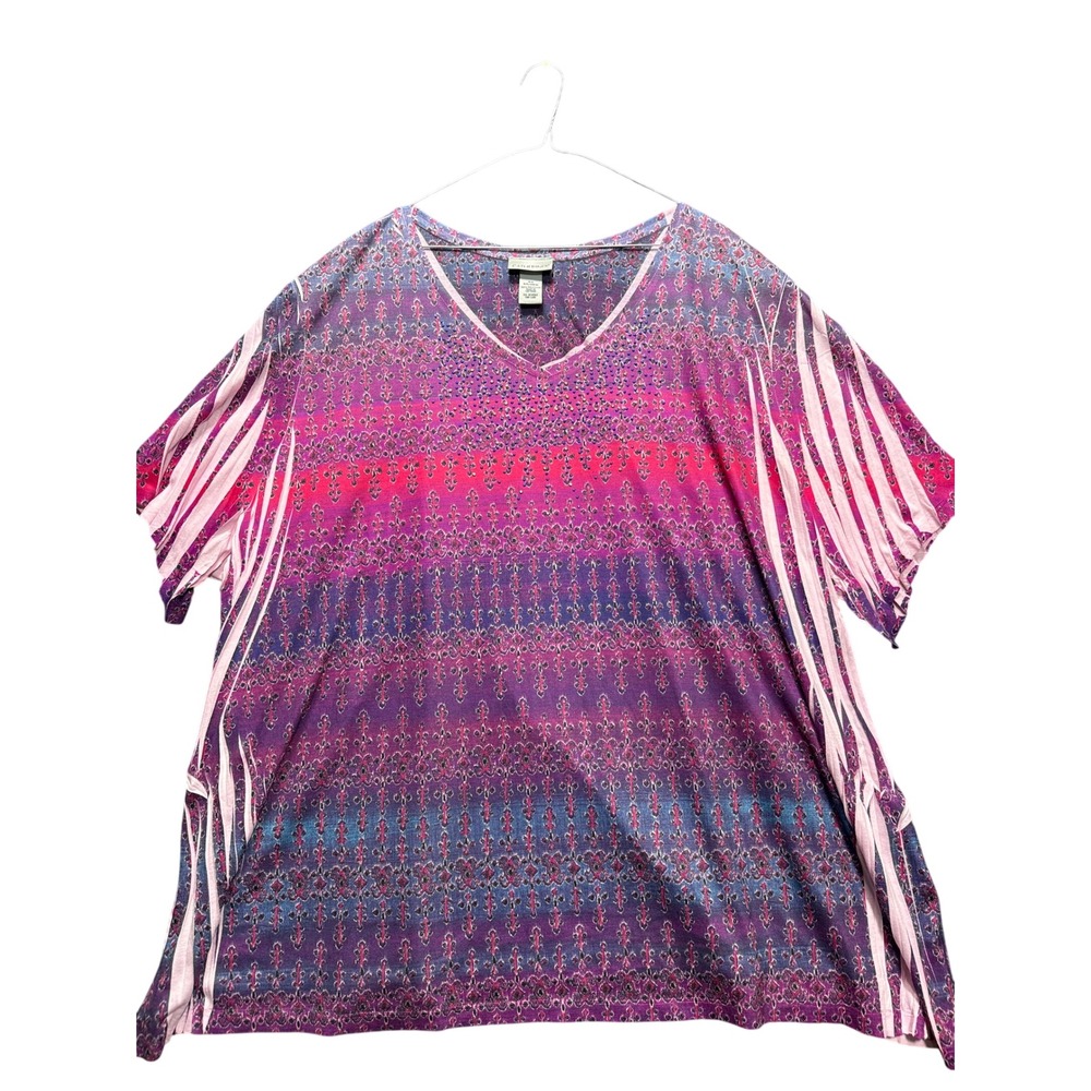 Catherines V-Neck T-Shirt Women 5X Purple Studded Medallion Print